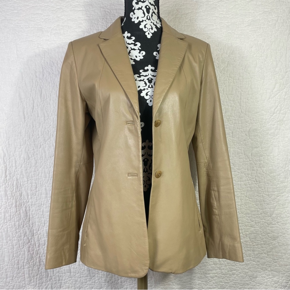 🔥Kenneth Cole New York 100% Leather jacket Tan Single Breasted Women’s Size M